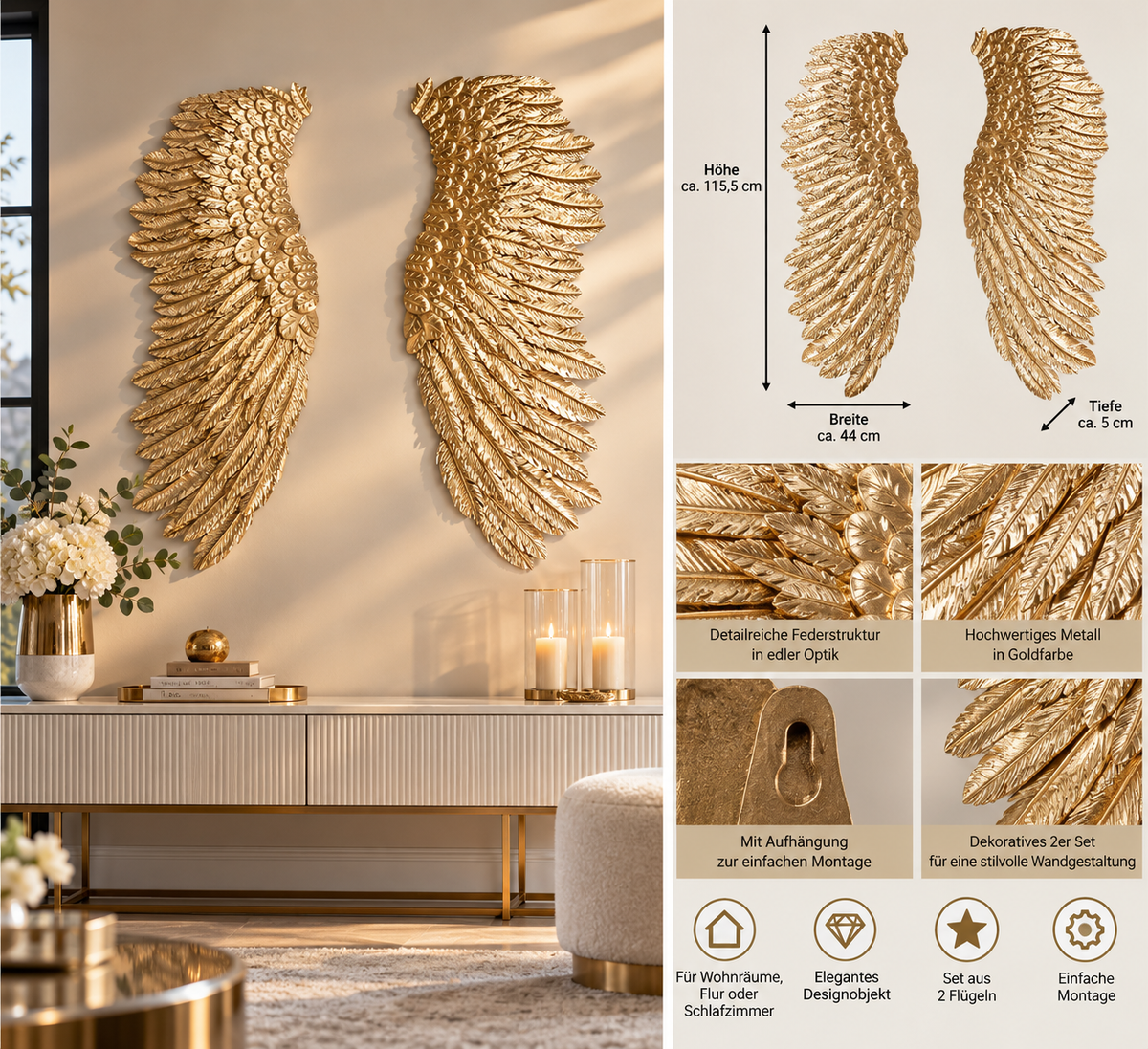 Wandrelief Golden Wings Engelsflügel Gold 2er Set 115,5 cm