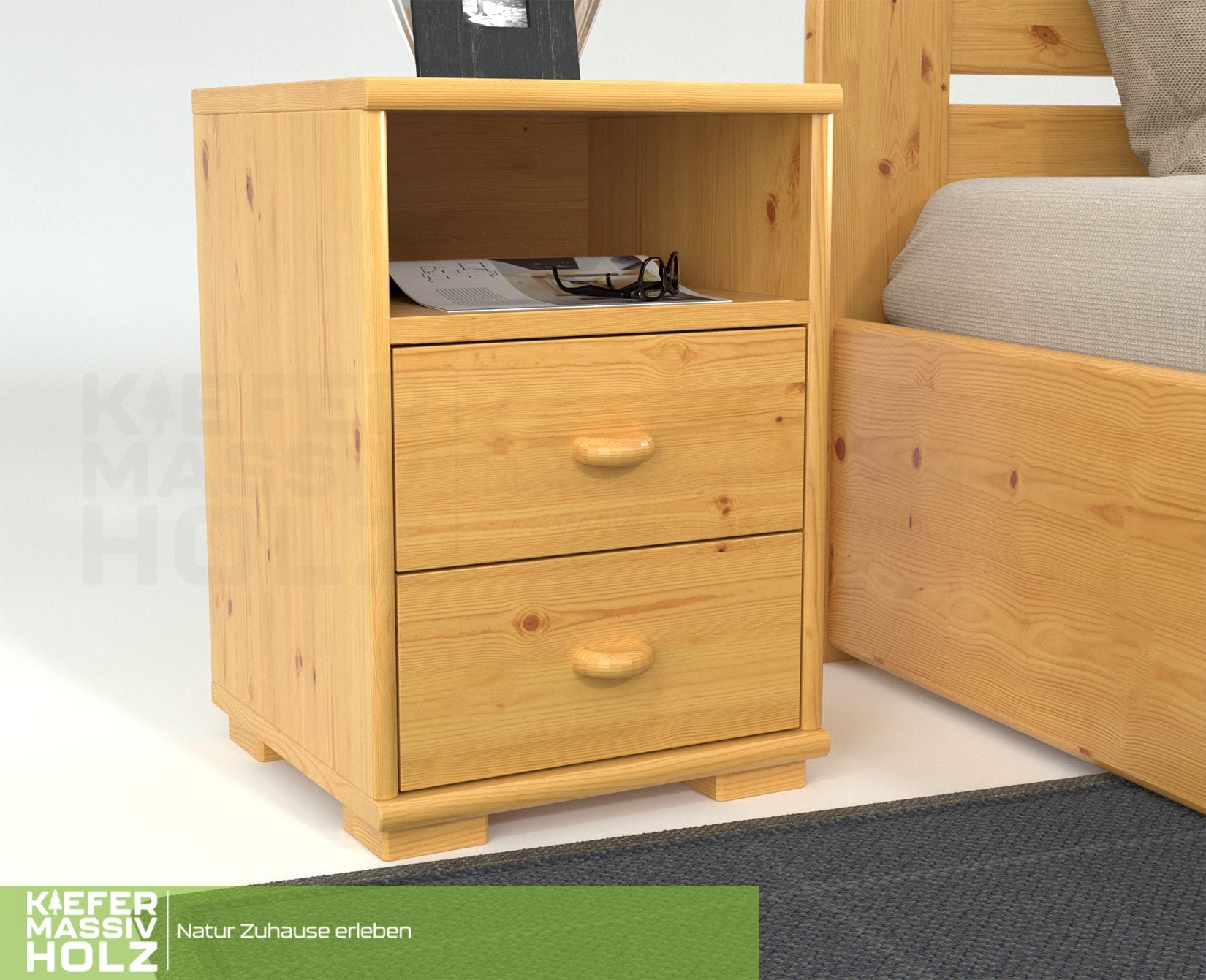 Vanessa Kiefer Massivholz Nachttisch Nachtschrank | 2-Schubladen 1-Regal | 100% Bio Kiefer