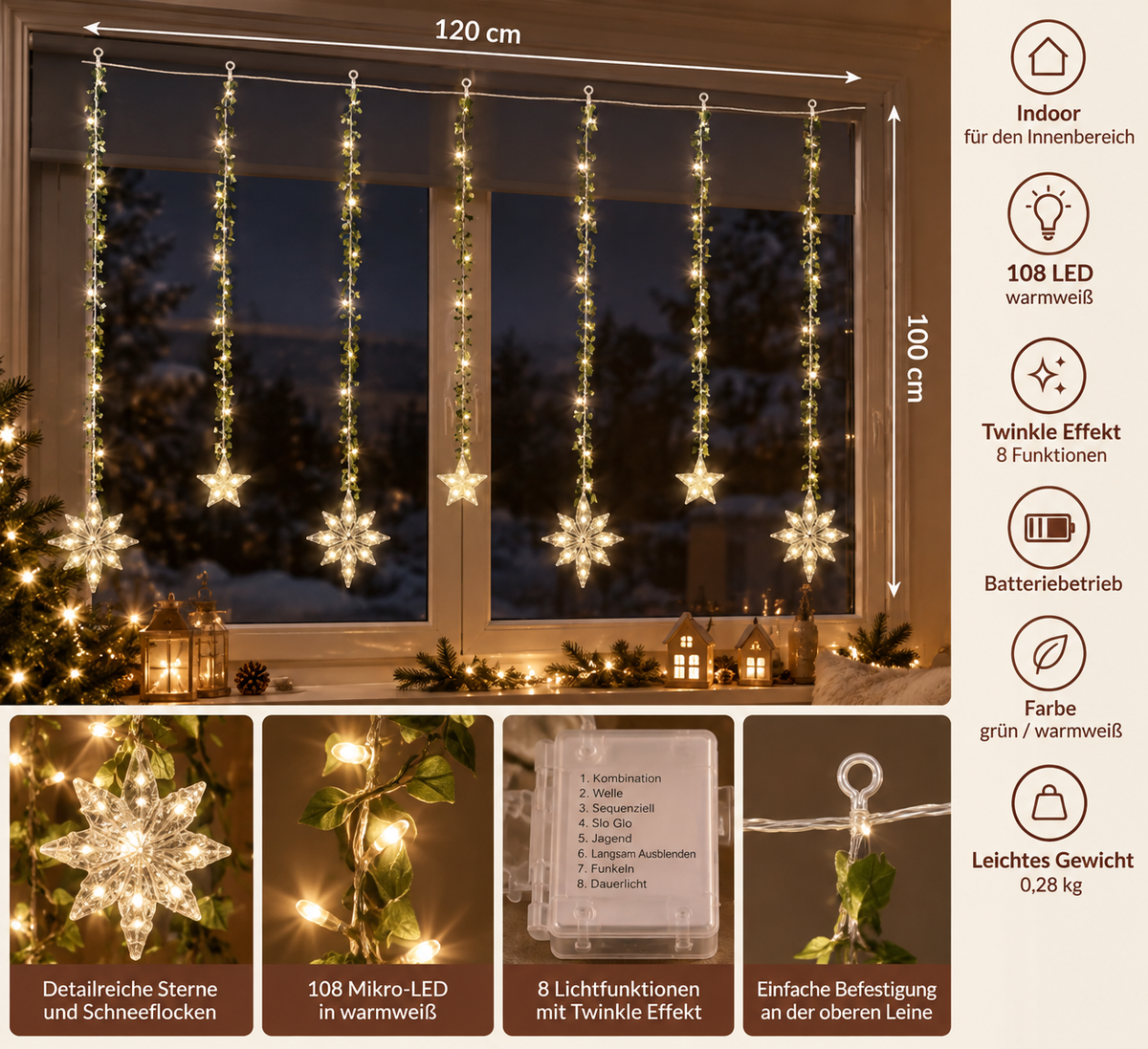 LED Fenstervorhang Sternenlicht Transparent Warmweiß 120 x 105 cm