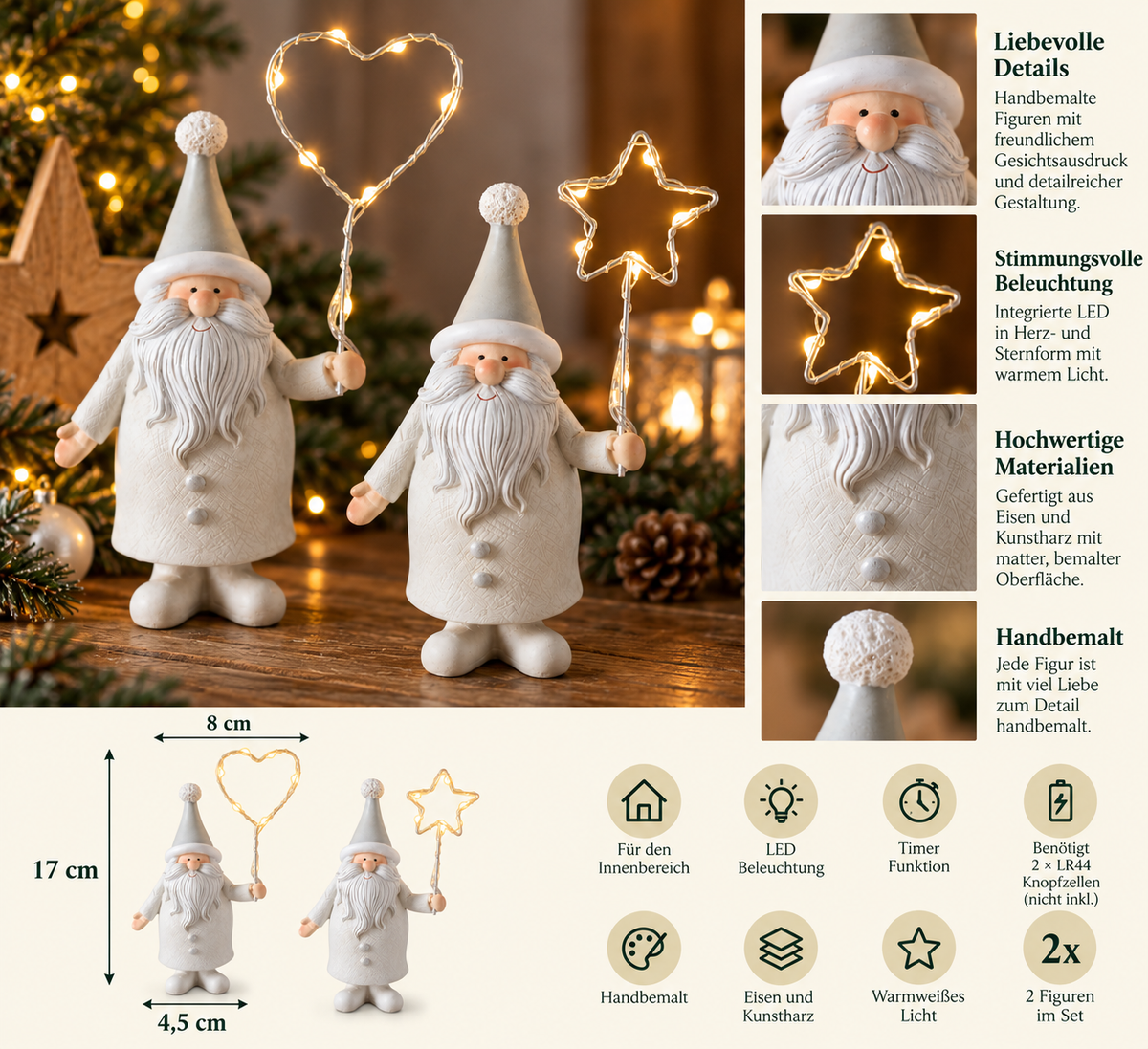 LED Weihnachtsmann Renato 2er Set weiß 17 cm