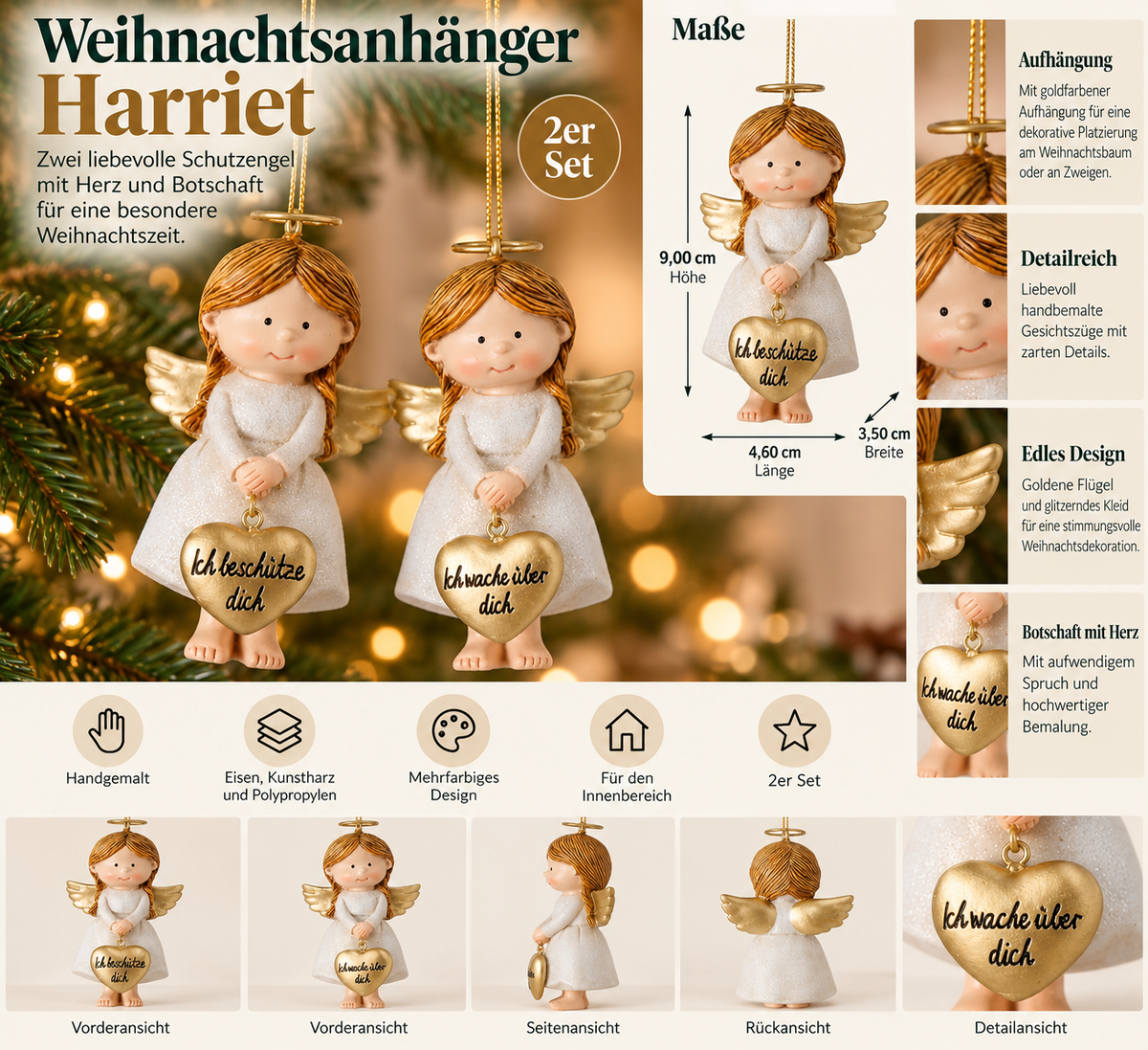 Weihnachtsanhänger Schutzengel Harriet mit Herz 2er Set gold weiß 9 cm