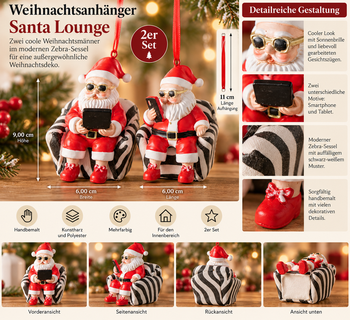 Weihnachtsanhänger Santa Lounge im Zebra Sessel 2er Set rot 9 cm