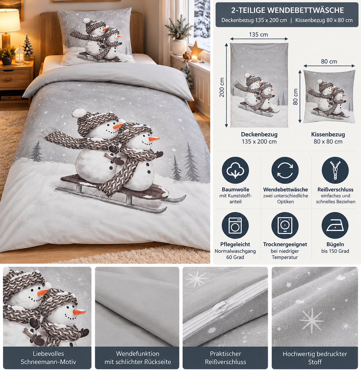 Reversible Bed Linen Snowy Duo Snowman Grey 135x200 cm 2-piece.