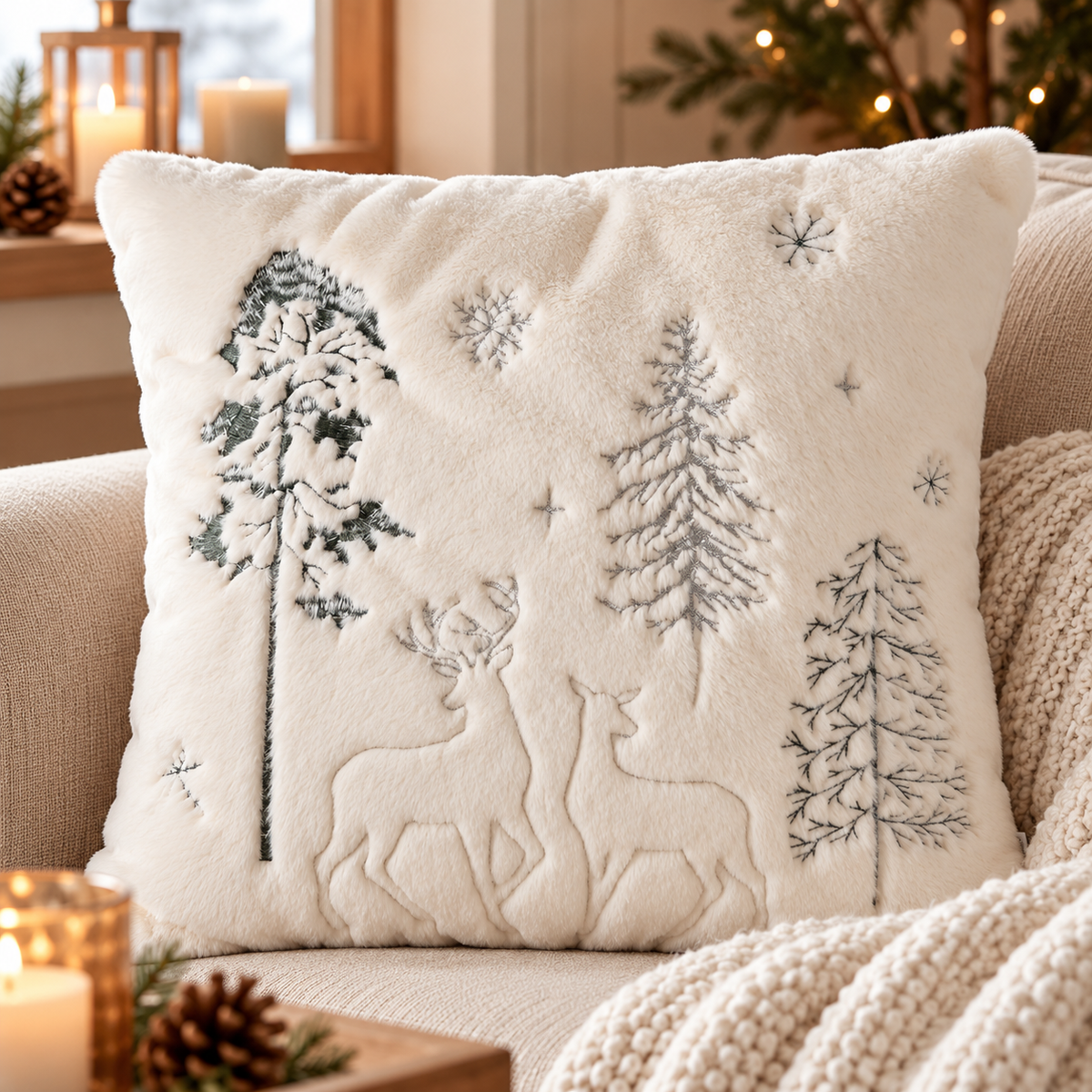 Dekokissen Winterwald Cremeweiß mit Hirschmotiv 45 x 45 cm