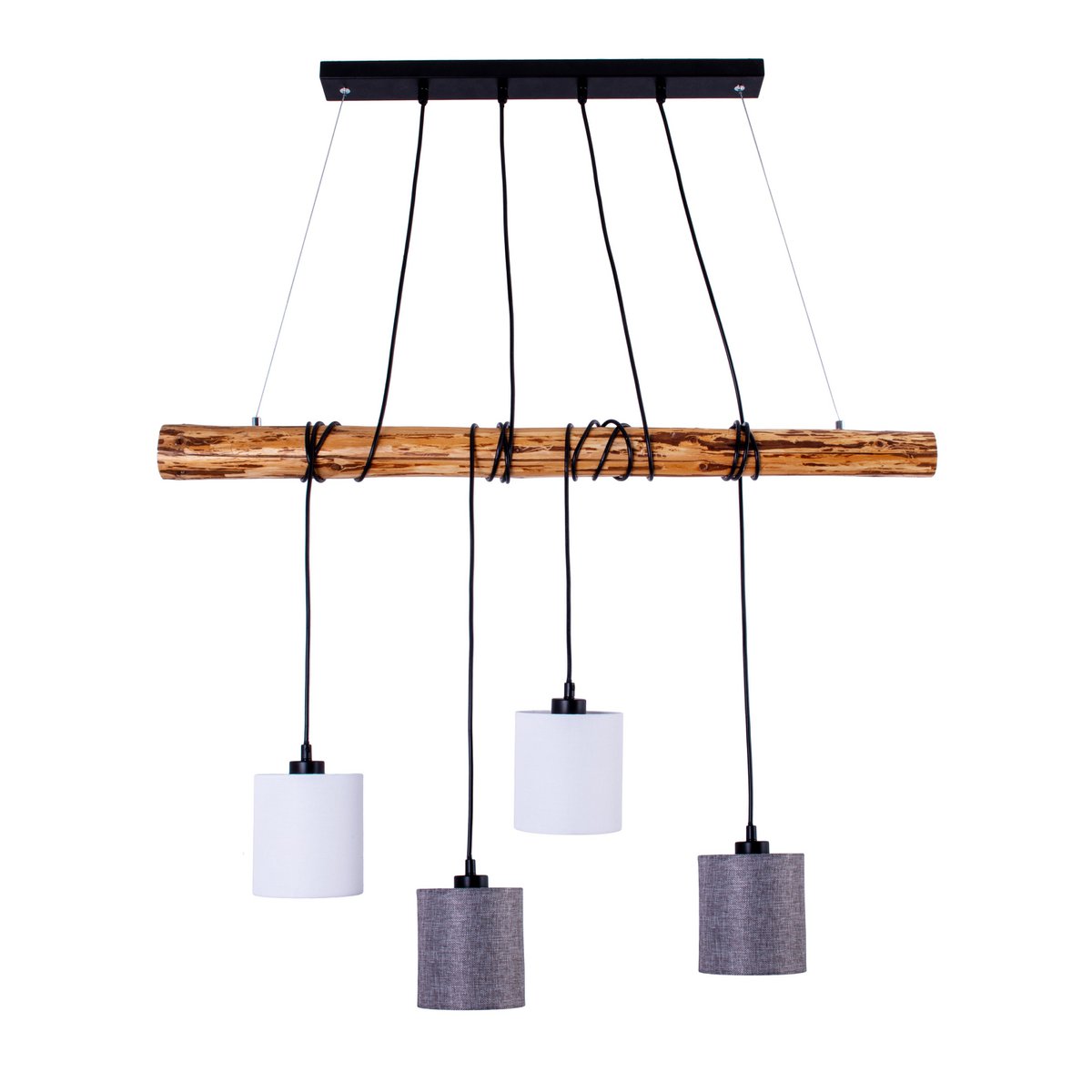 4er Pendelleuchte "MALTA" aus Metall und Holz, mit Textilschirmen in Grau und Weiß, E27-Fassung, Beleuchtung für Wohnzimmer, Büro oder Nachttisch