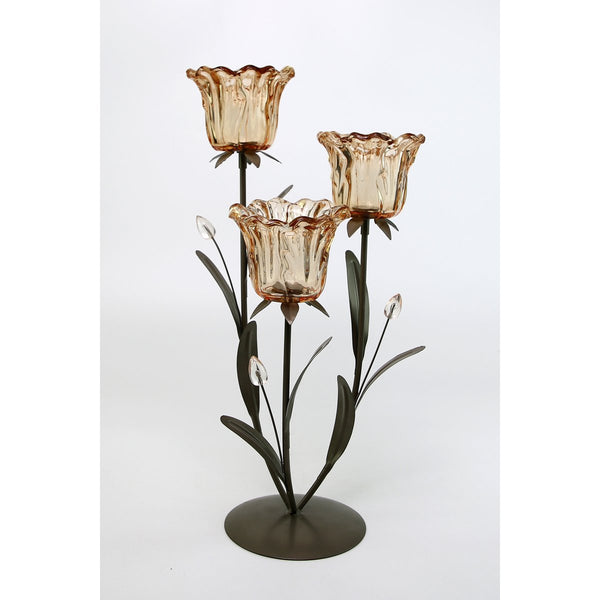 Dekorativer Glas-Teelichthalter Blume für drei Teelichte, 21,5 x 21 x 43,5 cm, beige - Für elegante Akzente