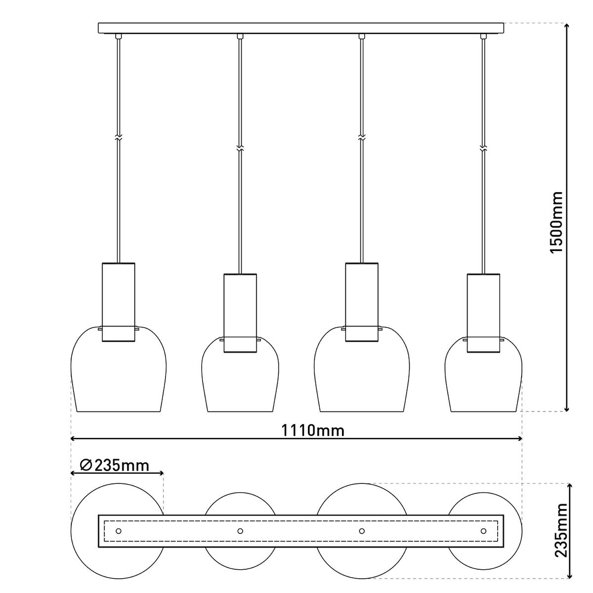 4-er Pendelleuchte "Funda", Retro Pendellampe aus amberfarbenem Glas und matt gebürstetem, messingfarbenem Metall, mit E27-Fassungen, 111 cm lang, 150 hoch, ideal für Esszimmer, Wohnzimmer und Küche.