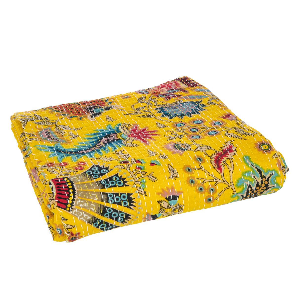 J-Line Plaid/Strangmatte Blumen+Stiche Baumwolle Gelb Groß