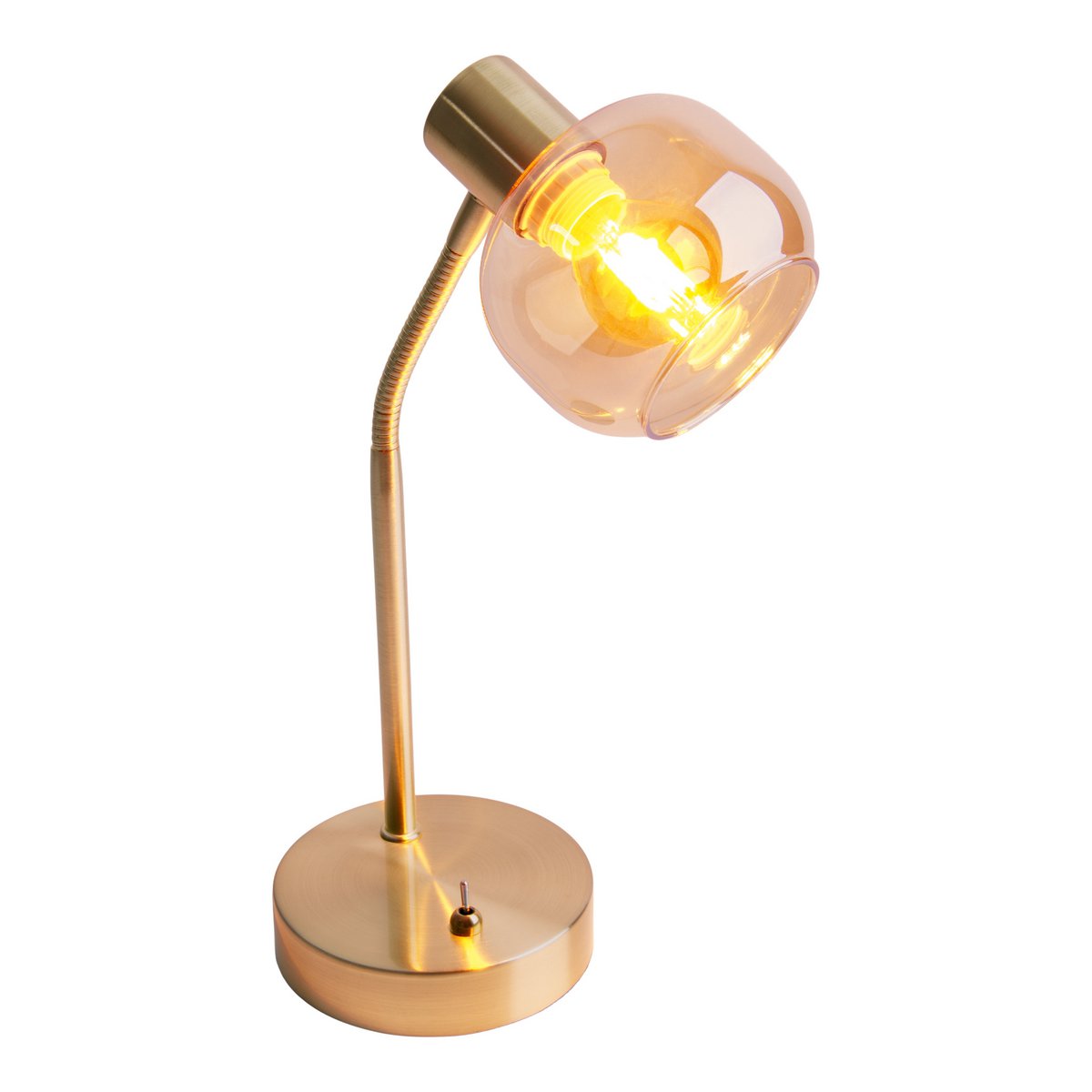 Tischleuchte "LIBBY", klassische Tischlampe aus messingfarbenem Metall und getöntem Glas in Amber, mit E14-Fassung, für Esszimmer, Wohnzimmer, Diele oder Büro, 34 cm hoch