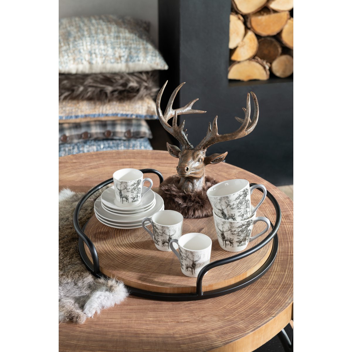 4er Set Teetassen und Untertassen Rentier Design Weiß Braun