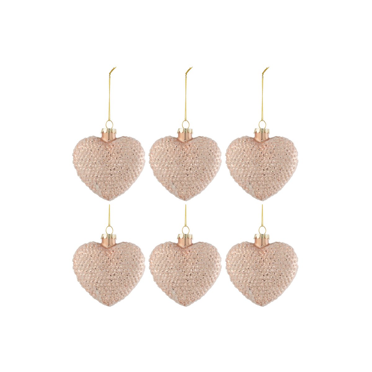 Box mit 6 Weihnachtskugeln, Herz, glitzerndes Glas, glänzend, hellrosa, klein