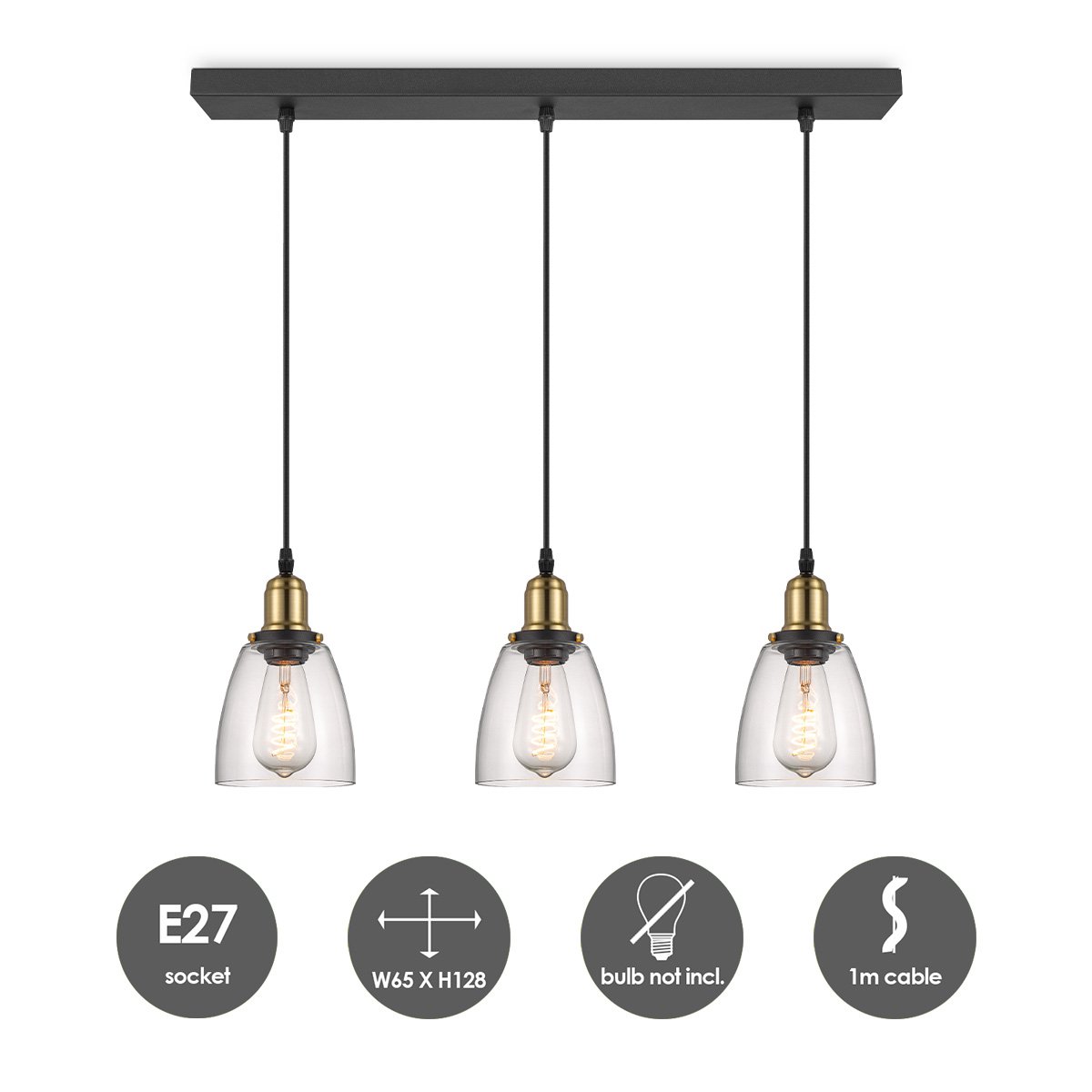 Industrielle Hängelampe mit 3 Glasschirmen Ø65 x 128 cm