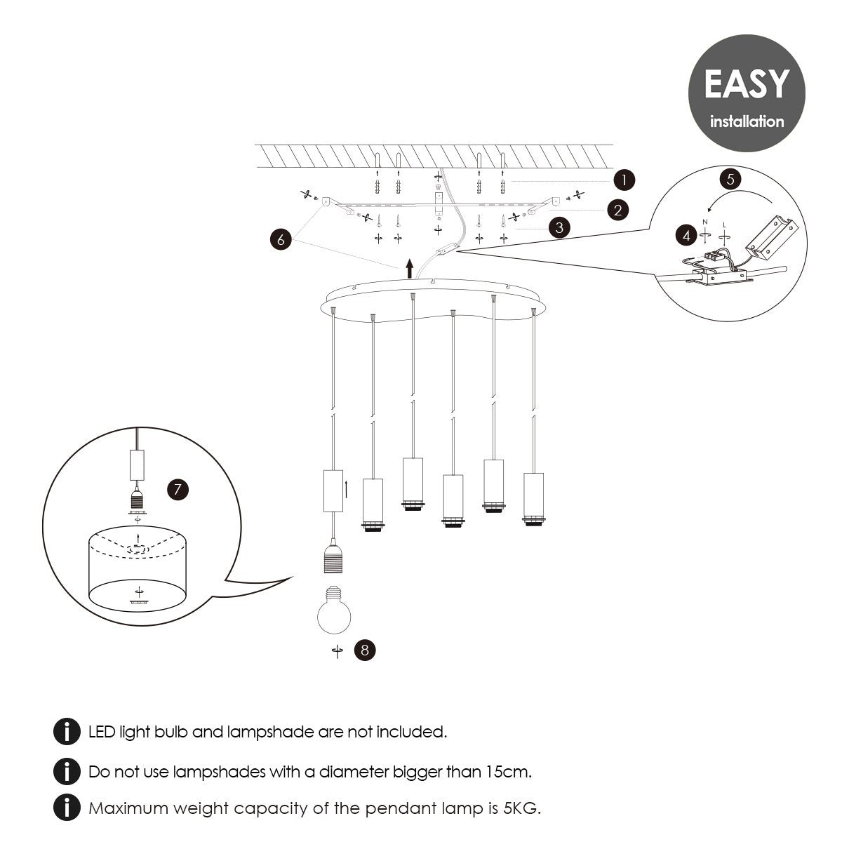 Ovale Metall-Hängelampe 6L - 60/25,8/117,5CM