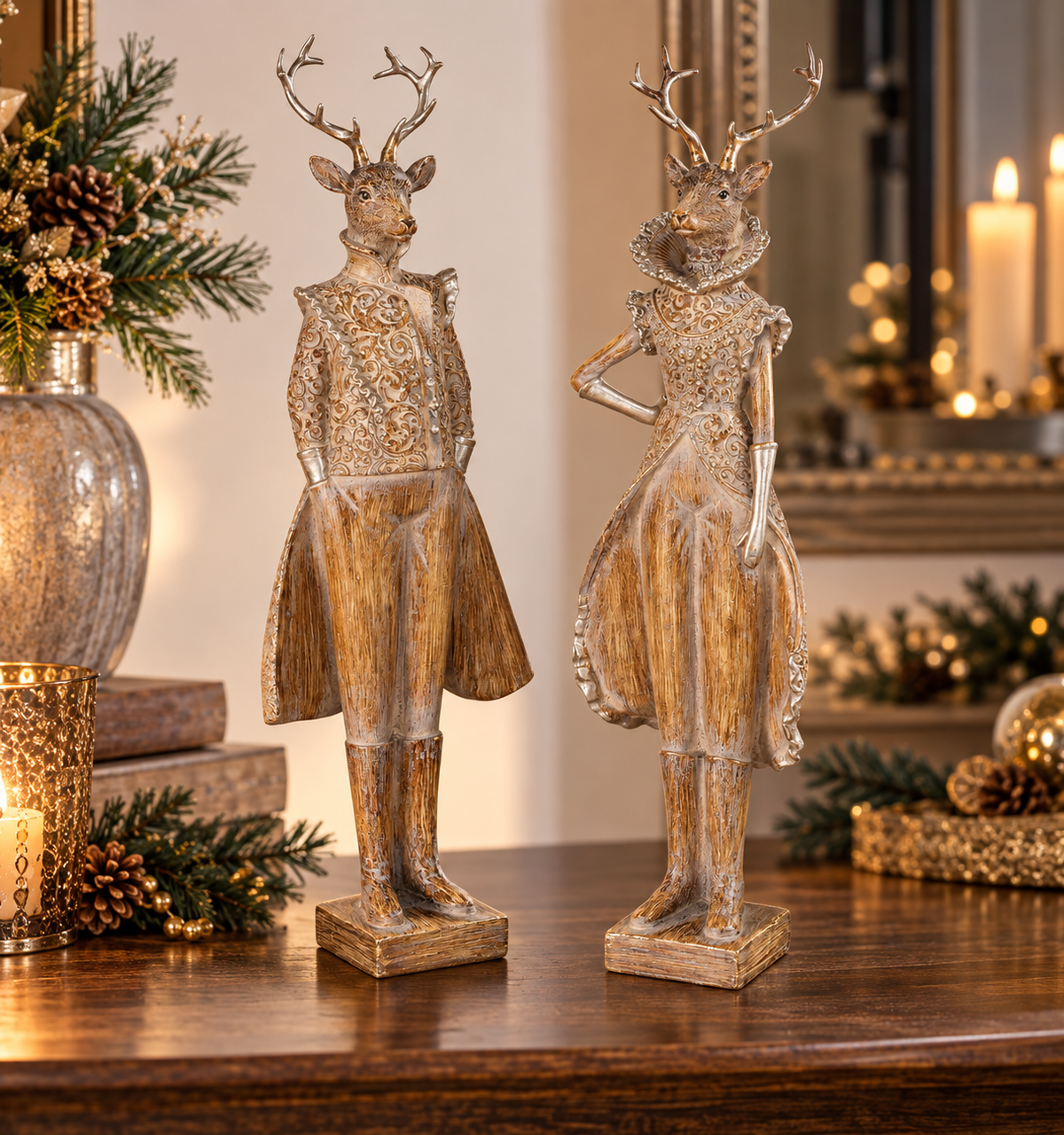 Dekofiguren Elanor Duo Hirschpaar braun silberfarben 42 cm 2er Set Weihnachten