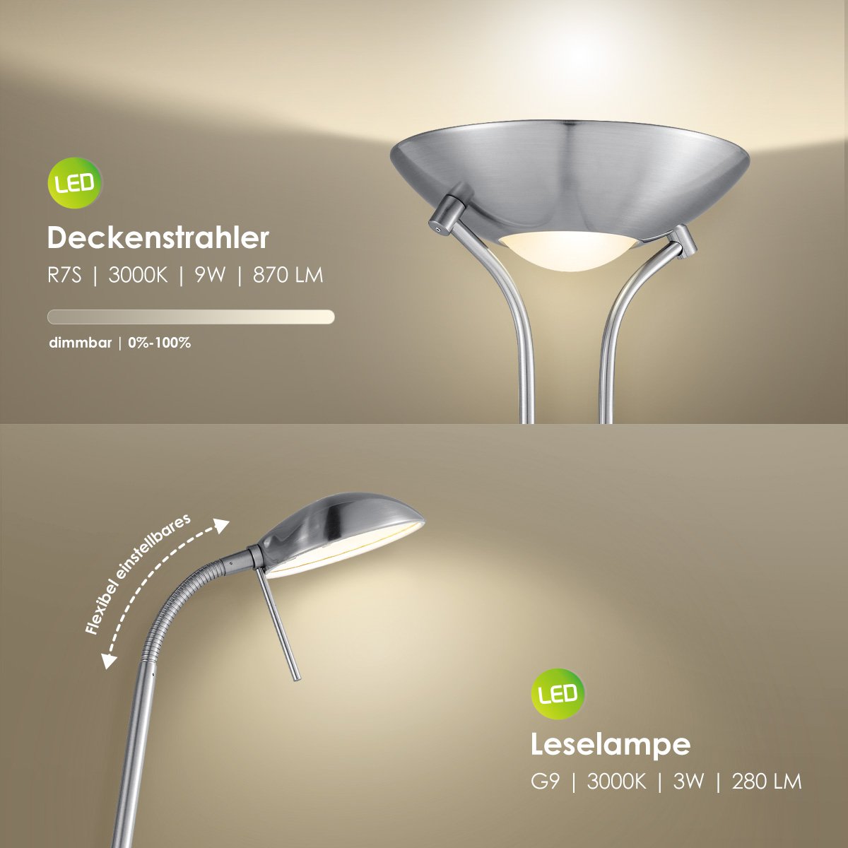 LED-Uplight-Stehleuchte – klassischer gebürsteter Stahl