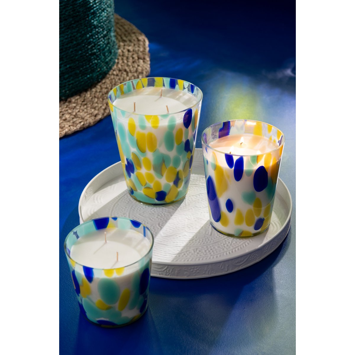 J -Line Duft Kerze Noa Stripes - Blau/Gelb - groß - 95h