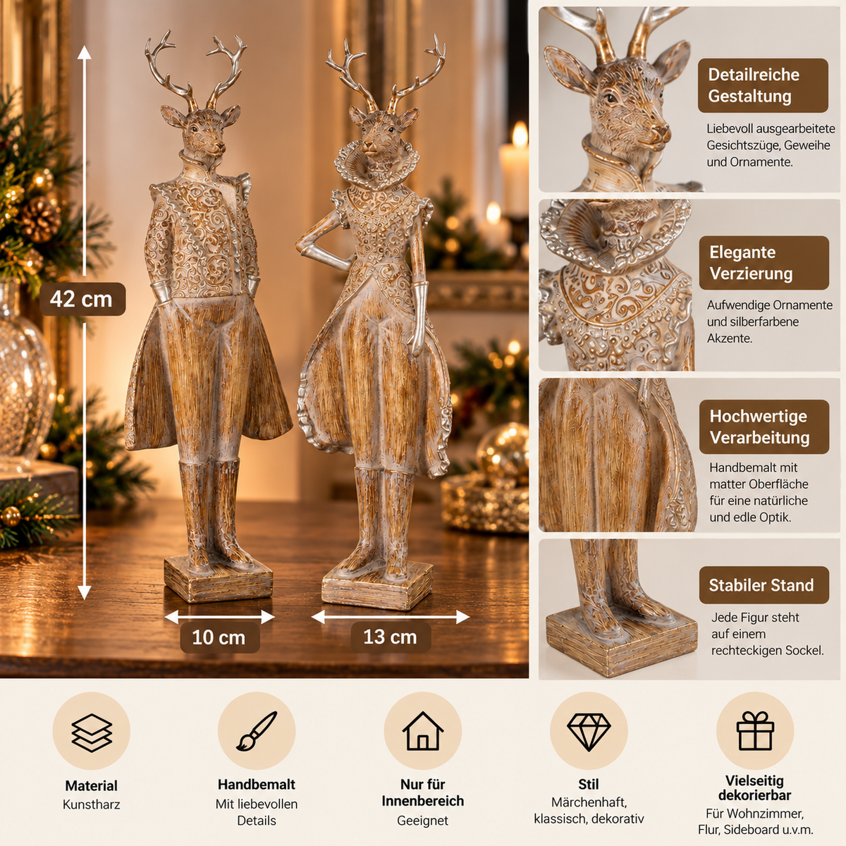 Dekofiguren Elanor Duo Hirschpaar braun silberfarben 42 cm 2er Set Weihnachten