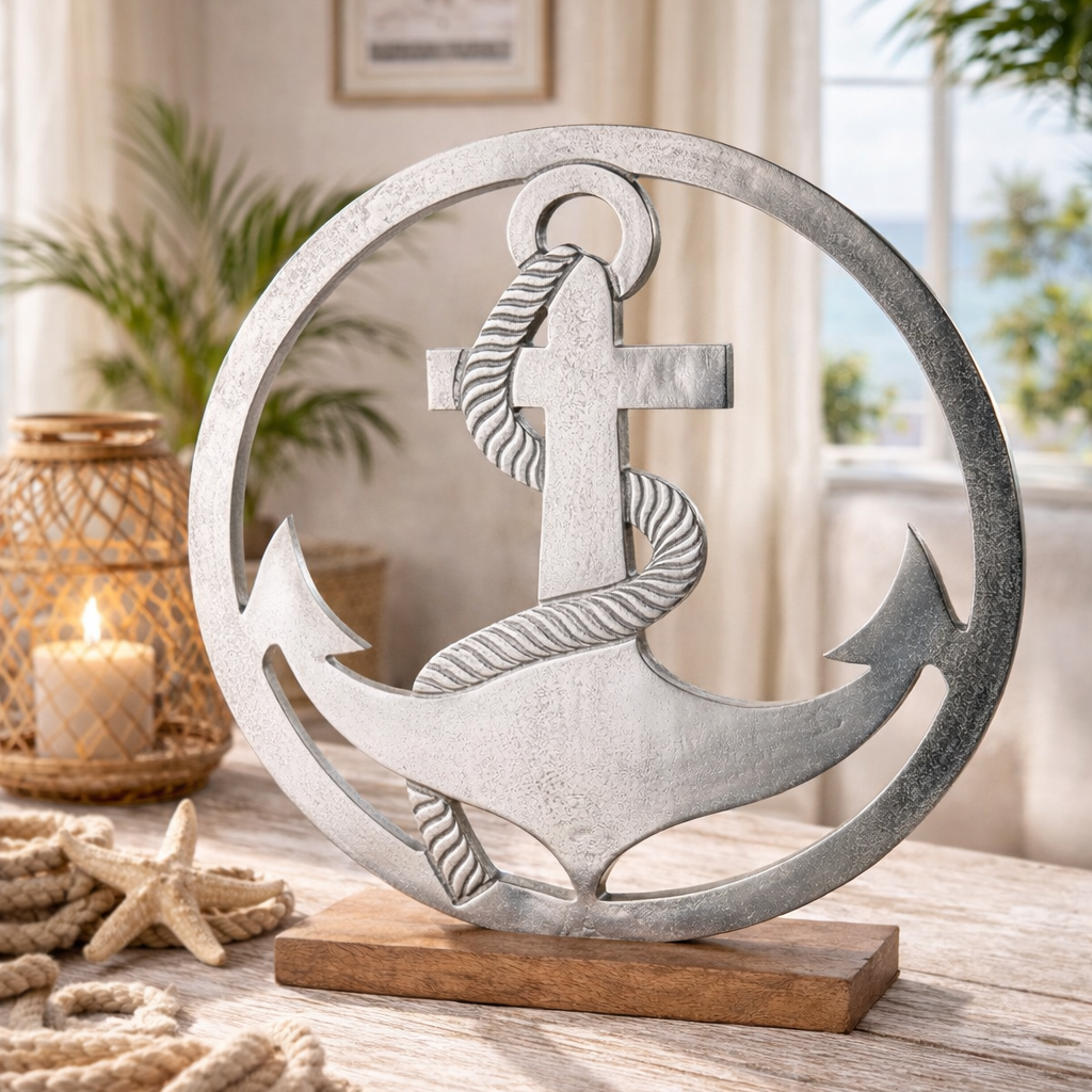 Maritime flair quality aluminum sculpture anchor in a circle on base made of mango wood