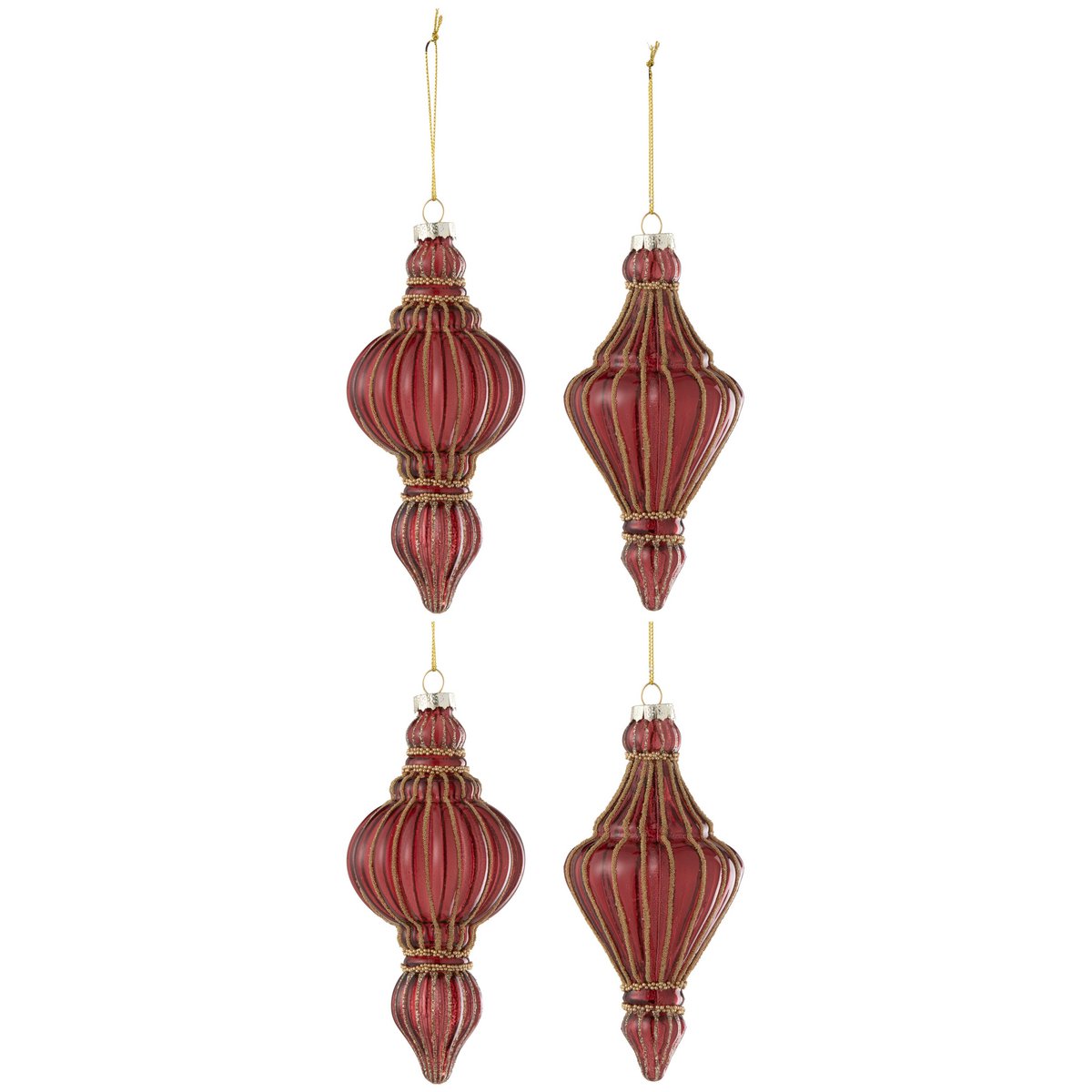 J-Line Box mit 4 Weihnachtskugeln, 2+2 Tropfen, Ornament, Glas, Rot/Gold