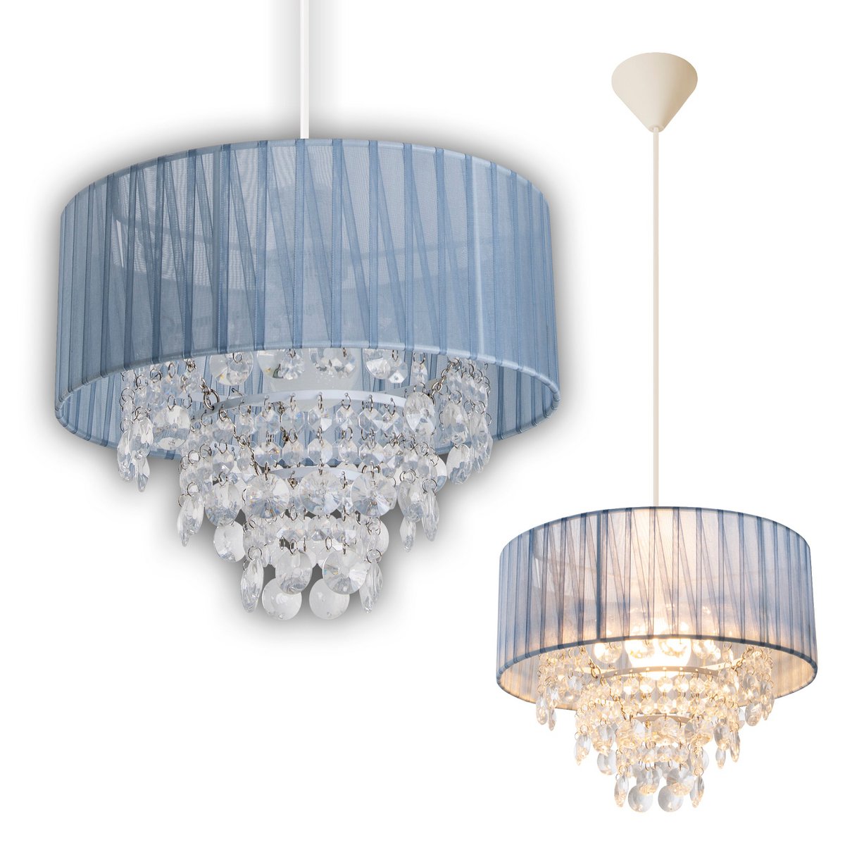 Deko-Pendelleuchte "KRISTALLO", Hängelampe aus Metall, transparentem Kunststoff und grauem Textilmaterial, E27-Fassung, für Esszimmer, Wohnzimmer, Diele oder Büro, 30 cm Durchmesser