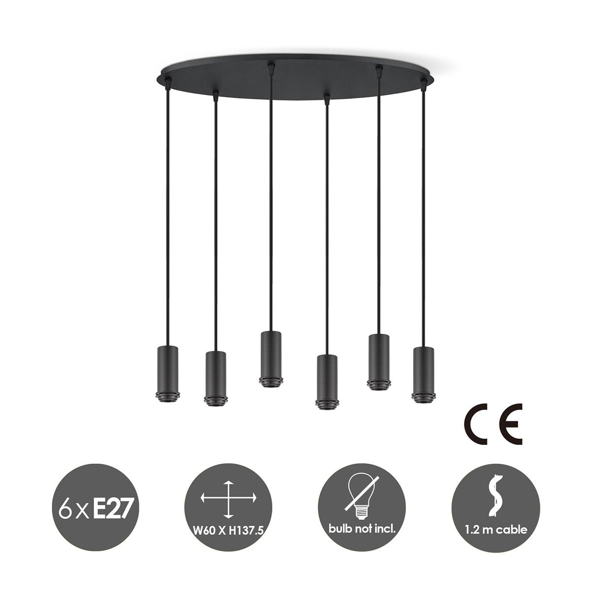 Ovale Hängelampe aus schwarzem Metall, 6 l – 60/22/137,5 cm