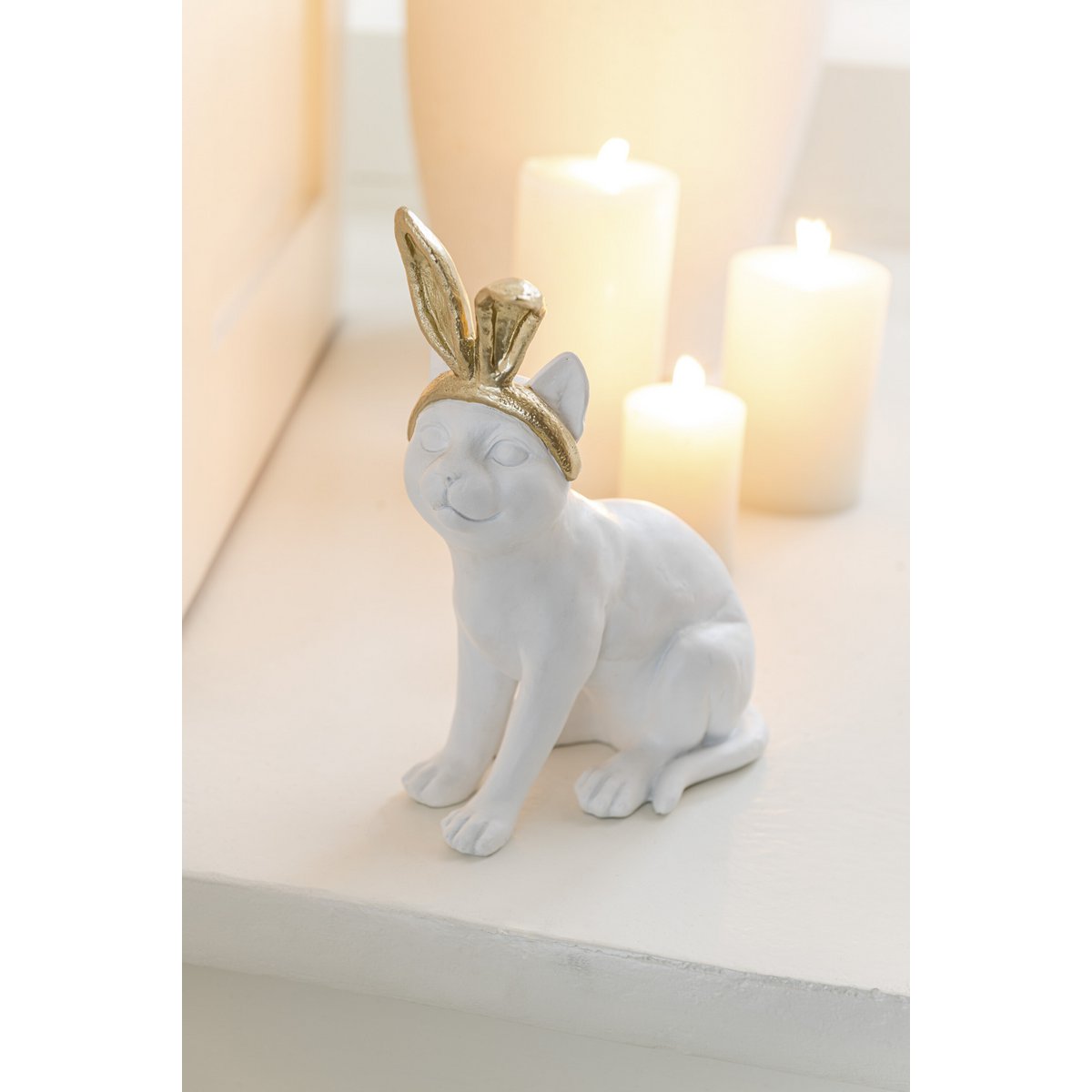 Osterdeko Katze mit Hasenohren aus Polyresin Gold Weiß 28 cm
