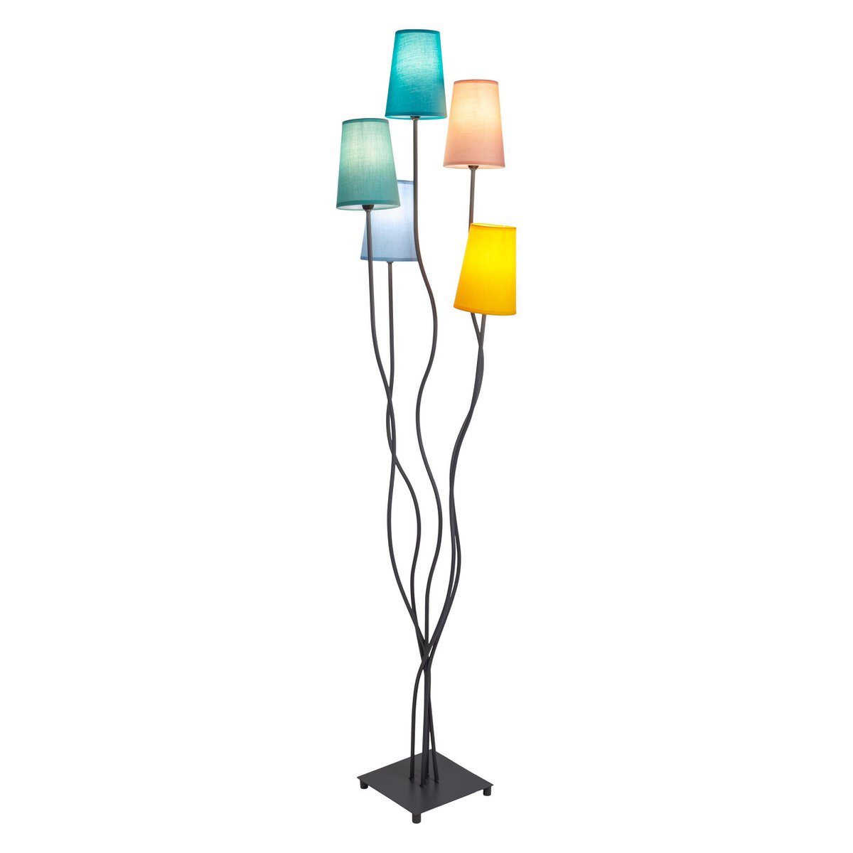 Stehleuchte 5-flammig "COLORA", Stehlampe mit bunten Textilschirmen, 5x E14-Fassung, für Esszimmer, Wohnzimmer, Diele oder Büro, 163 cm hoch