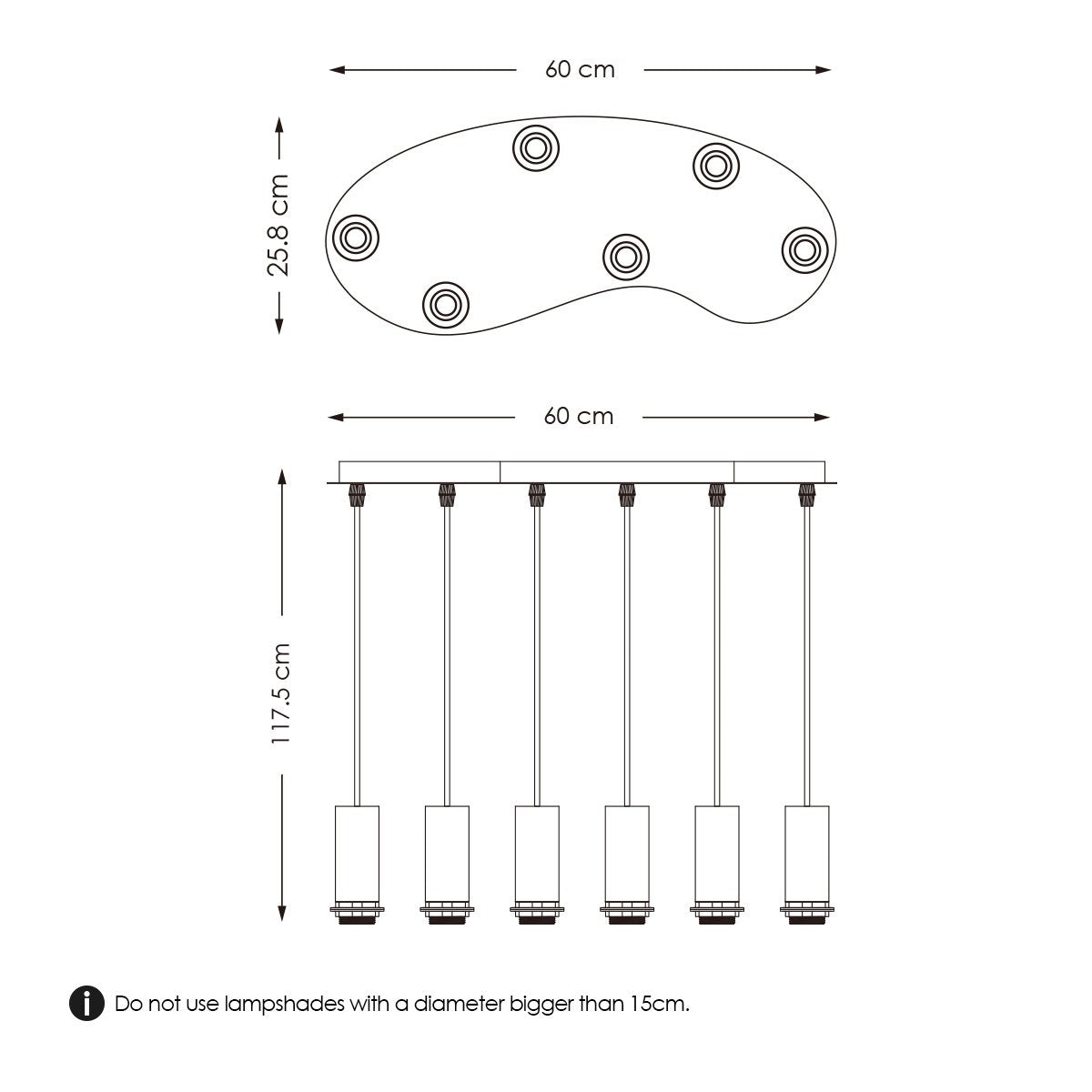 Ovale Metall-Hängelampe 6L - 60/25,8/117,5CM