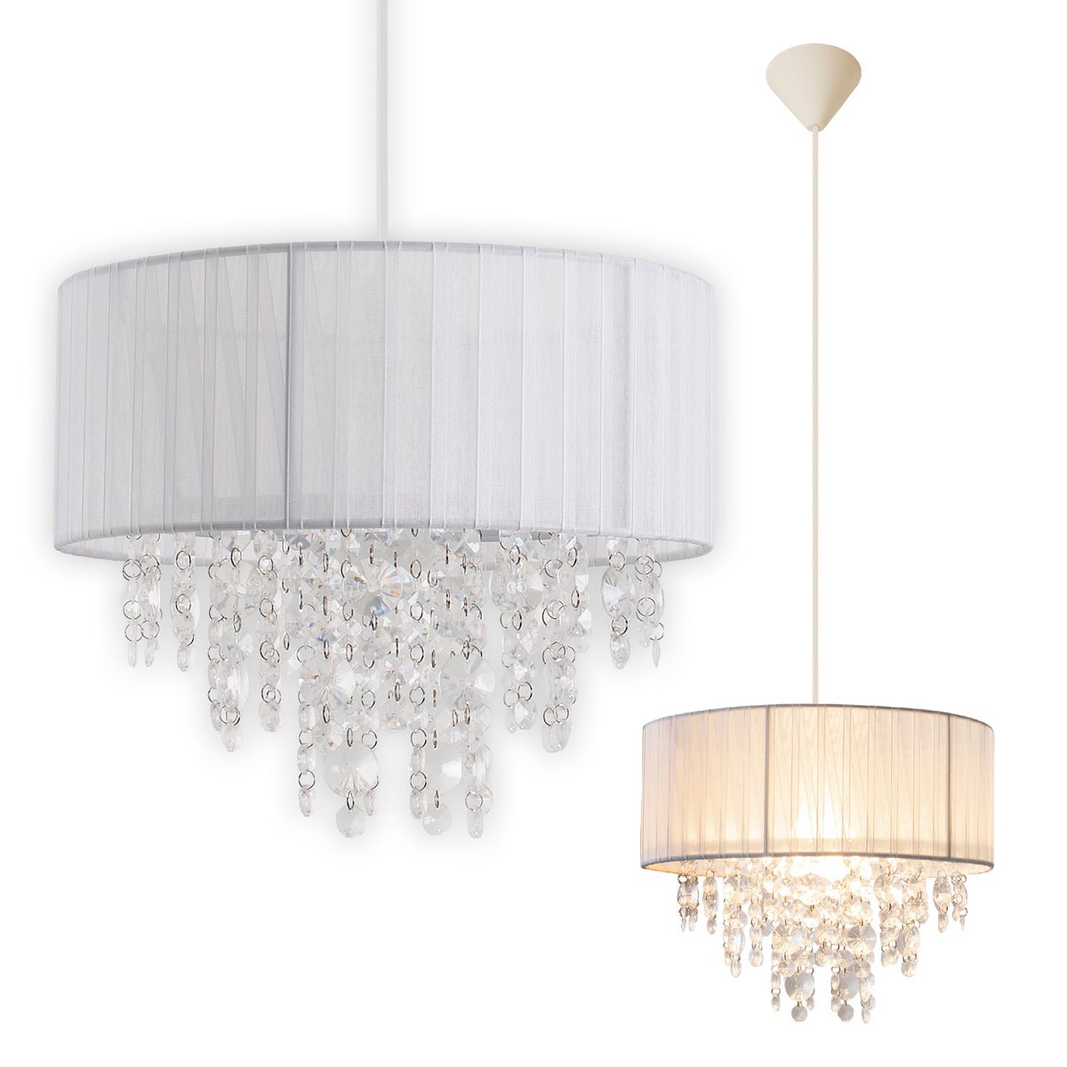 Deko-Pendelleuchte "KRISTALLO", Hängelampe aus Metall, transparentem Kunststoff und weißem Textilmaterial, E27-Fassung, für Esszimmer, Wohnzimmer, Diele oder Büro, 30 cm Durchmesser