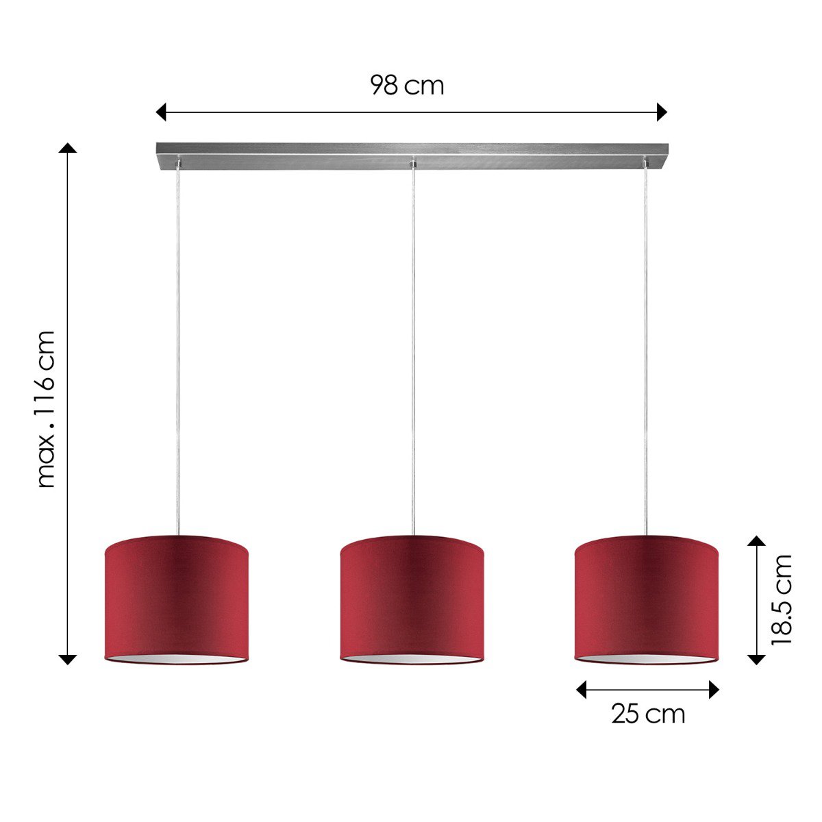 Hanging lamp Beam 3L, E27, red lampshade, 25cm