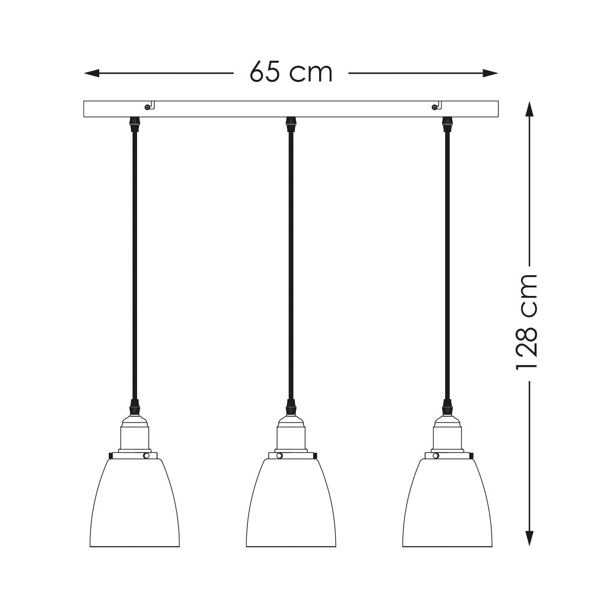 Industrielle Hängelampe mit 3 Glasschirmen Ø65 x 128 cm