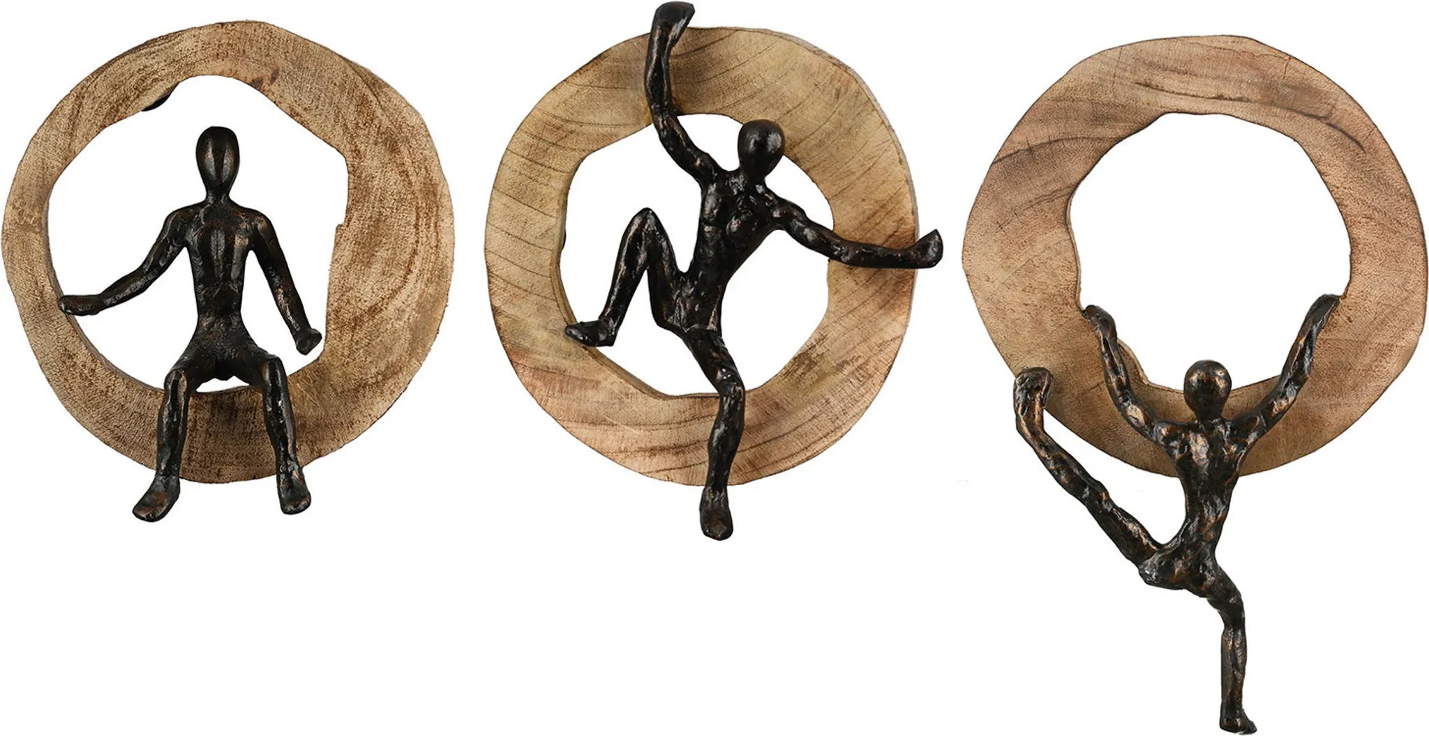 3-teiliges Wanddekoration-Set Kletternde Figuren aus Mangobaum und Aluminium in Bronzeoptik