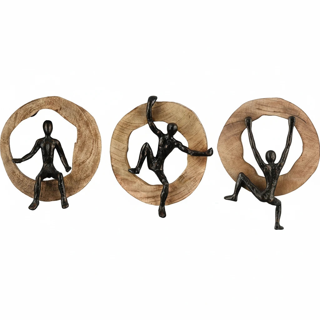 Ascendia Skulptur Dreiteiliges Kletterfiguren Kunstobjekt aus Mangoholz und Aluminium