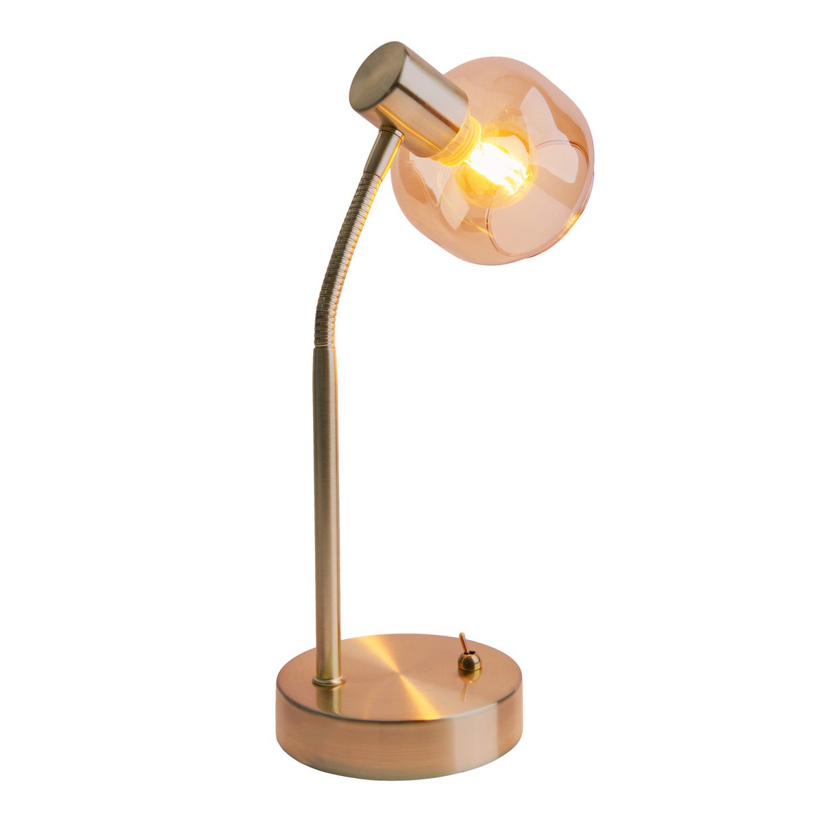 Tischleuchte "LIBBY", klassische Tischlampe aus messingfarbenem Metall und getöntem Glas in Amber, mit E14-Fassung, für Esszimmer, Wohnzimmer, Diele oder Büro, 34 cm hoch