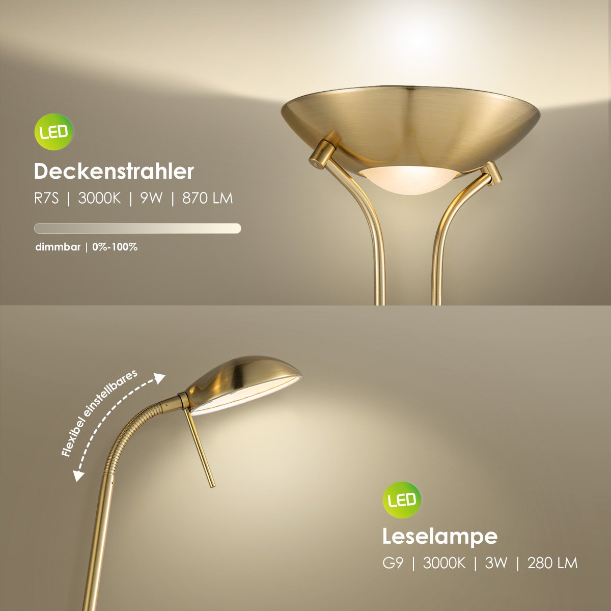 LED-Uplight-Stehleuchte – klassisches Gold/Bronze