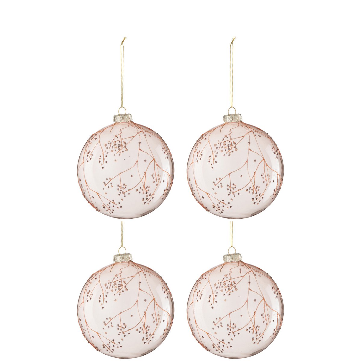 J-Line Box mit 4 Weihnachtskugelzweigen aus Glas, hellrosa, groß