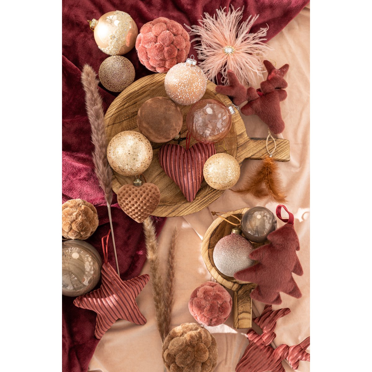 J-Line Weihnachtskugel Herz – Samt/Glas – Braun – klein – 6er-Box