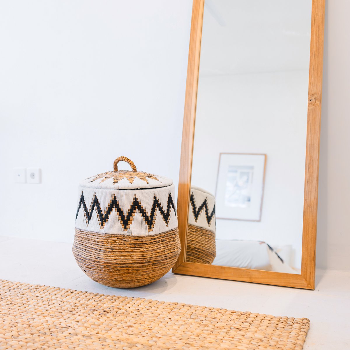 Wäschekorb mit Deckel – Boho-Wäschekorb rund – großer Boho-Korb – geflochtener Korb mit Baumwollmuster PALEM (3 Größen Ø33/43/55 cm)