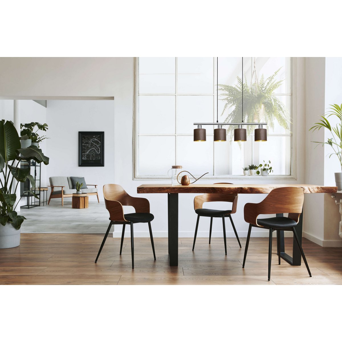 4er Pendelleuchte "MARON" aus Metall satiniert-matt mit Stoffschirmen in Braun, mit E14-Fassung, Lampe für Wohnzimmer oder Esszimmer,71,5 x 12 cm