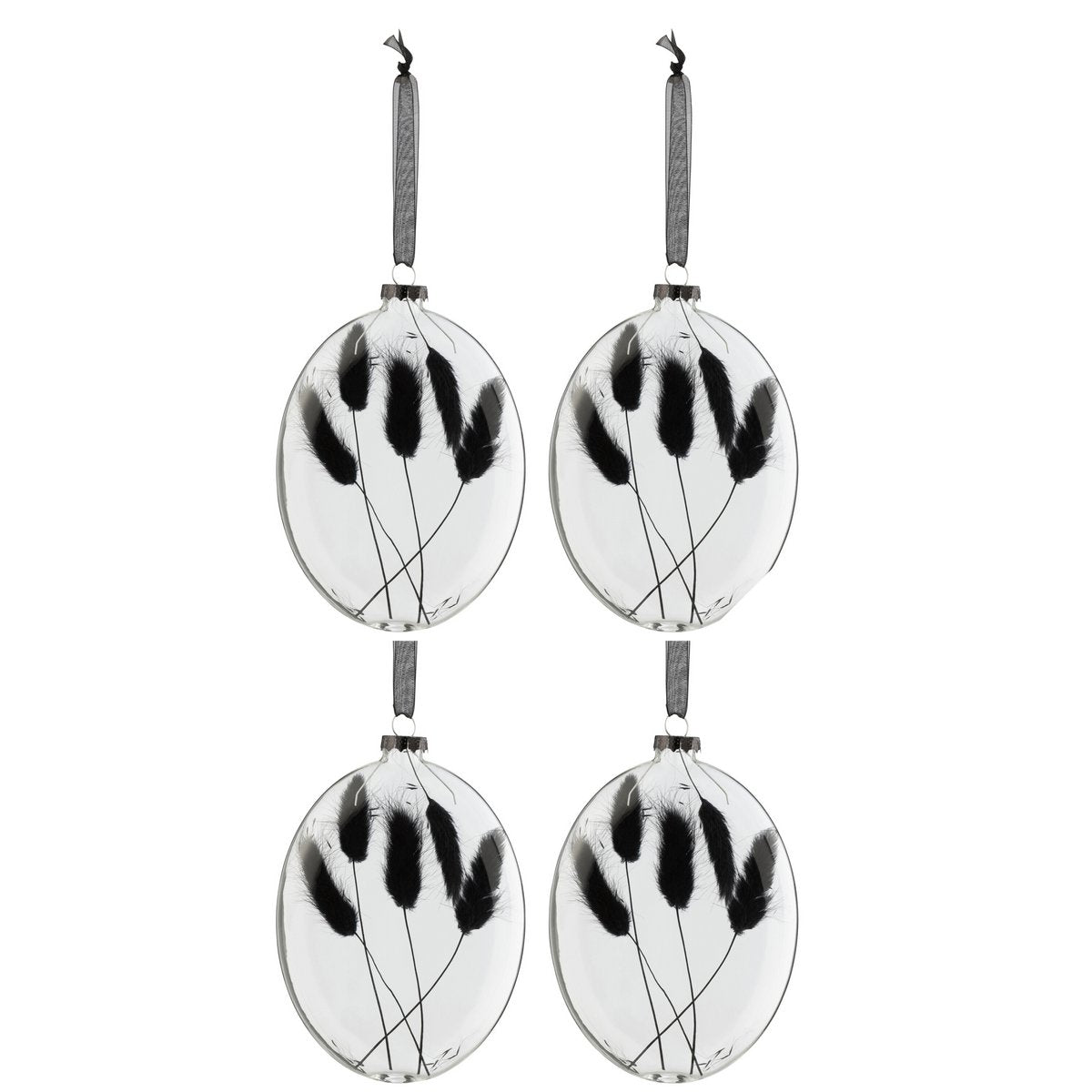 J-Line Box mit 4 Weihnachtskugeln, oval, flach, getrockneter Hasenschwanz, schwarzes Glas, transparent, groß