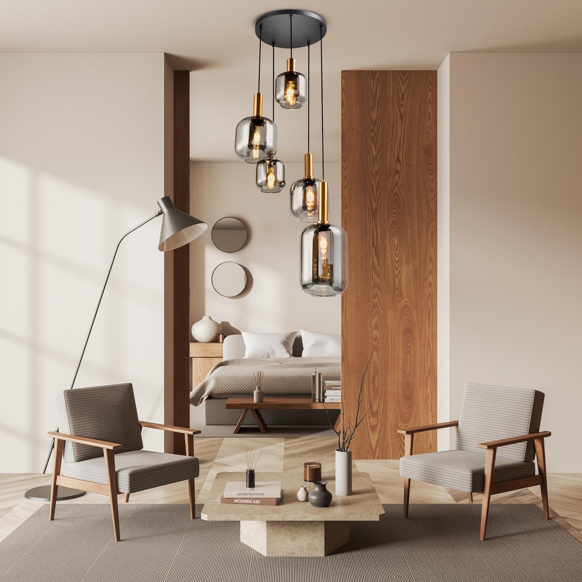 5er Pendelleuchte "FUMO", Pendellampe aus Metall und Glas in Schwarz, mit E14-Fassung, für Esszimmer, Wohnzimmer, Diele oder Büro, Hängelampe Ø ca. 55 cm