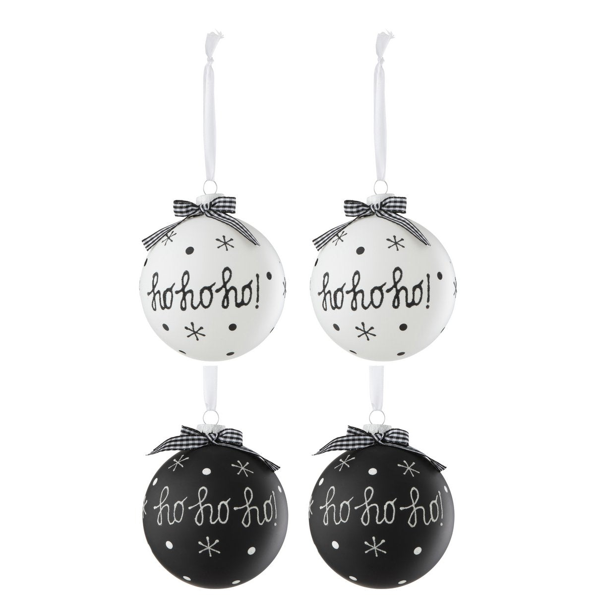 J-Line Box mit 4 Weihnachtskugeln, 2+2 Hoho+Schneeflocken+Schleife, Glas, Schwarz/Weiß, groß