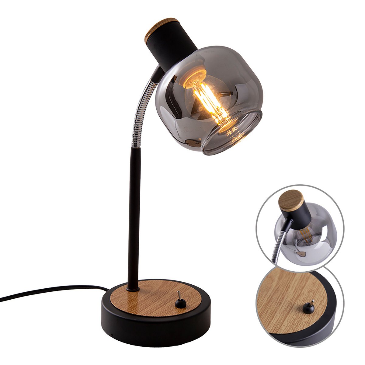 Tischleuchte "FUMOSO", Tischlampe aus Metall und Glas in Schwarz,, mit E14-Fassung, für Esszimmer, Wohnzimmer, Diele oder Büro, Tischlampe 34 cm hoch