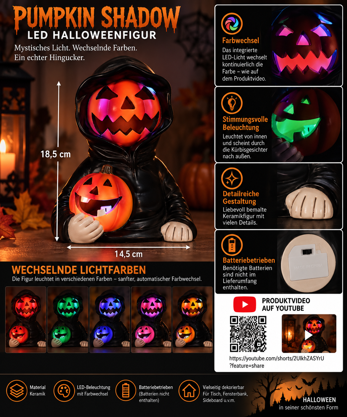 LED Halloweenfigur Pumpkin Shadow mit Farbwechsel schwarz orange 18,5 cm