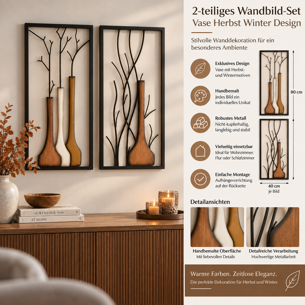 Wall art, set of 2 vases, autumn/winter design, hand-painted metal, 80x40cm