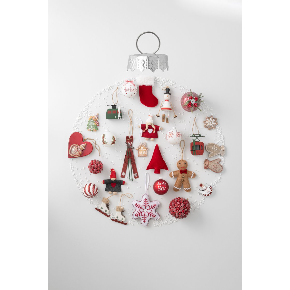 J-Line Box mit 4 Weihnachtskugeln, Weihnachtsdekoration + Beeren, Zuckerglas, Weiß/RD, klein