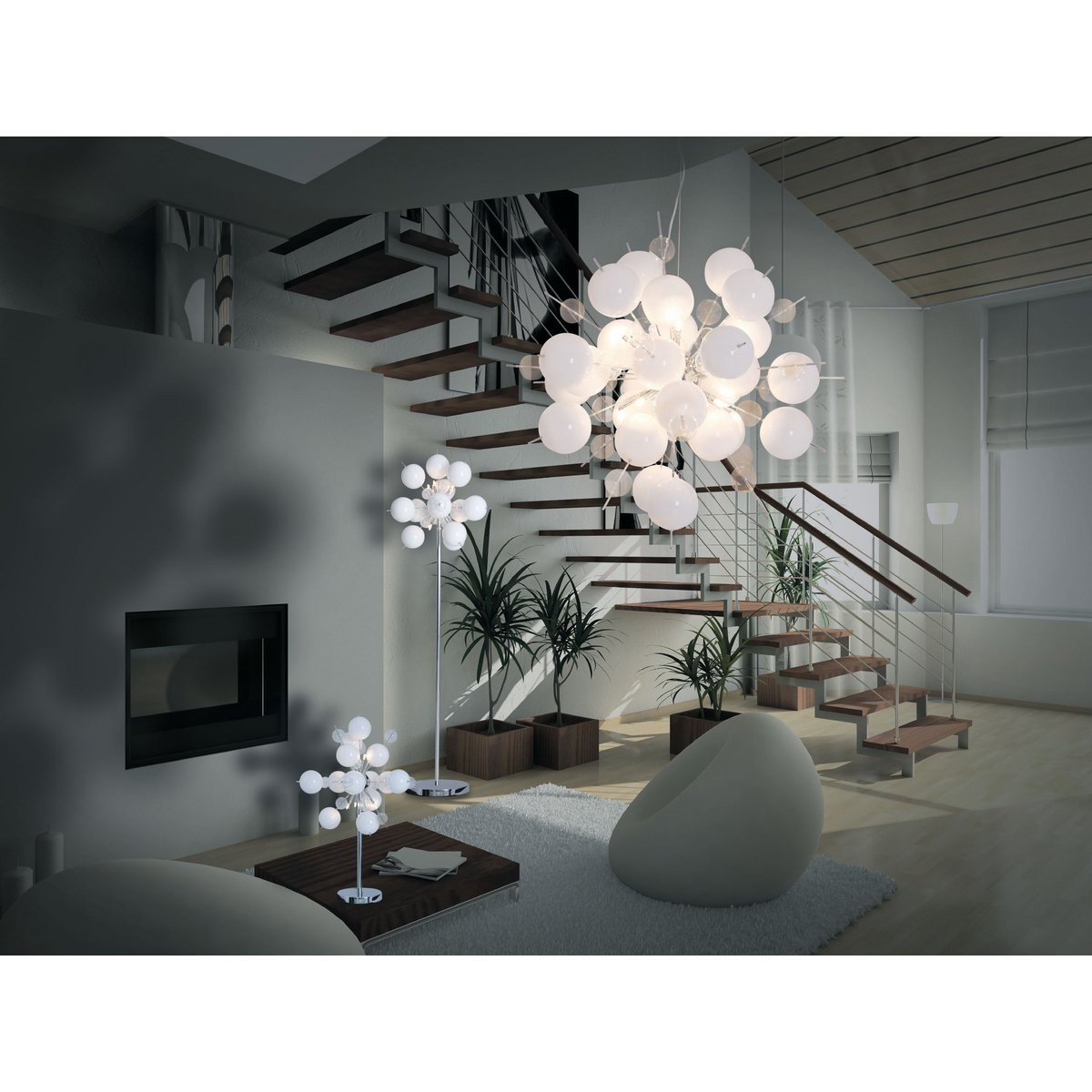 Pendelleuchte "EXPLOSION" weiß aus Metall und Glas, G9 Fassungen, für Esszimmer, Wohnzimmer, Diele oder Büro, Hängelampe Øca 65 cm