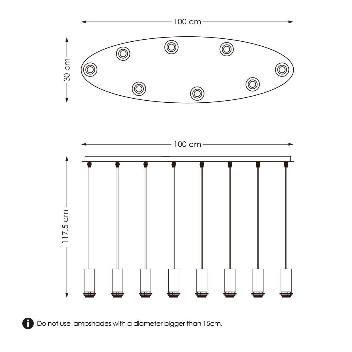 Ovale Metall-Hängelampe 8L - 100/30/117,5CM