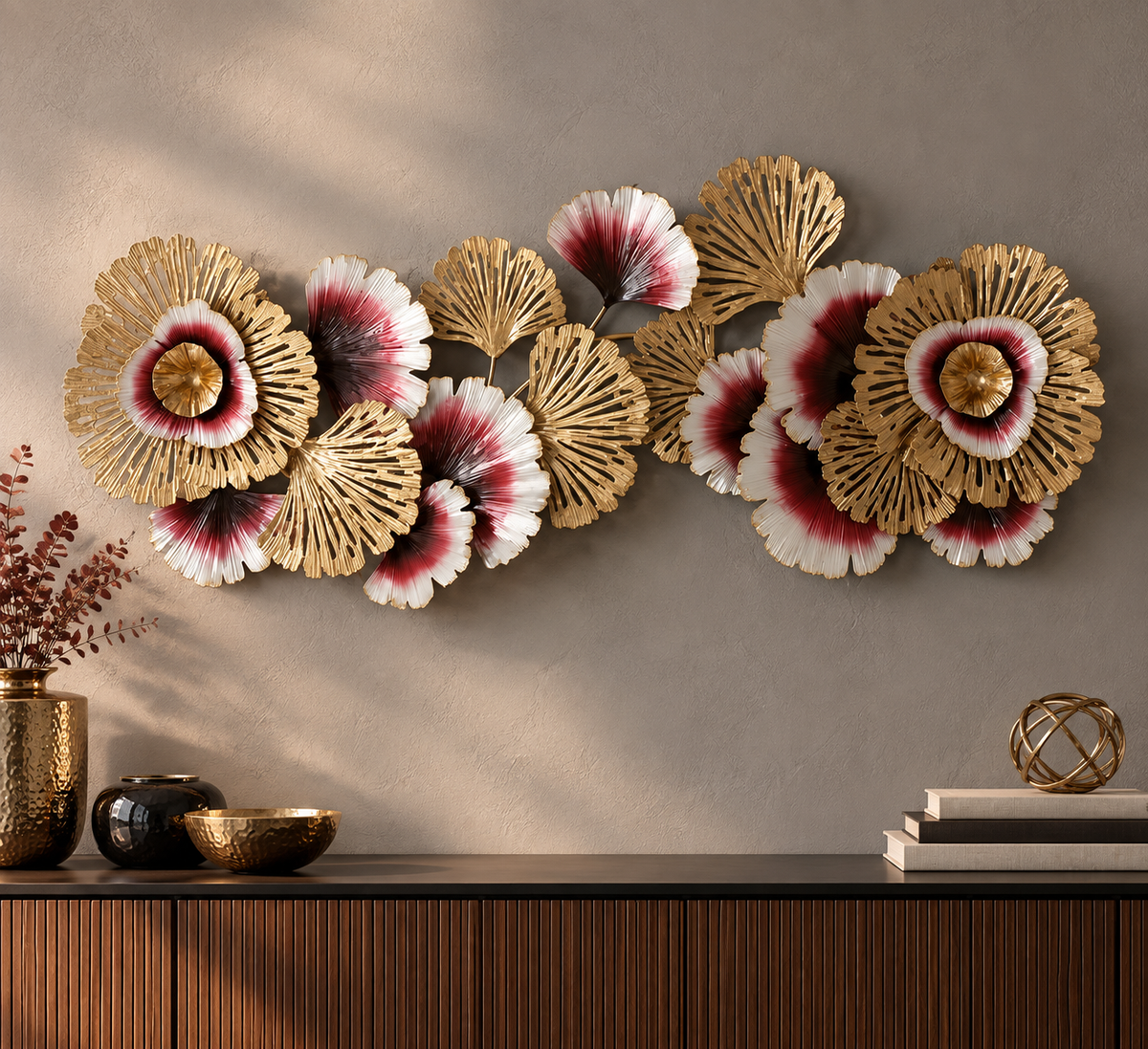 Wanddekoration Blumenpracht Gold Weiß Rot 130 cm