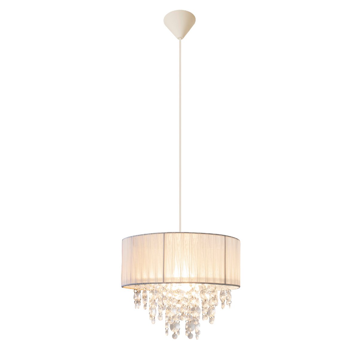 Deko-Pendelleuchte "KRISTALLO", Hängelampe aus Metall, transparentem Kunststoff und weißem Textilmaterial, E27-Fassung, für Esszimmer, Wohnzimmer, Diele oder Büro, 30 cm Durchmesser